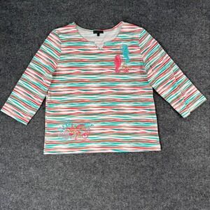 Bua Bua Womens L‎ Striped Cotton Top Embroidered Seahorse 3/4 Sleeve Tee Beach